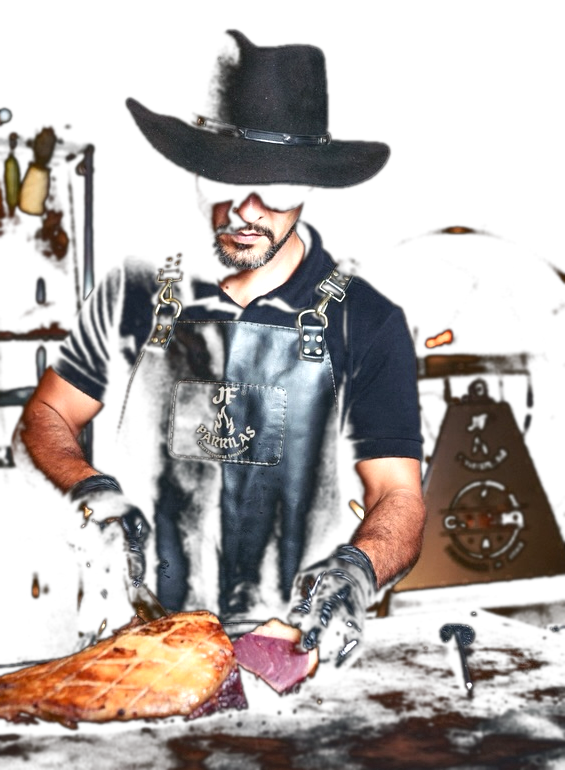 Jorge, de chapéu e avental de couro, fatiando uma peça de carne na parrilla.